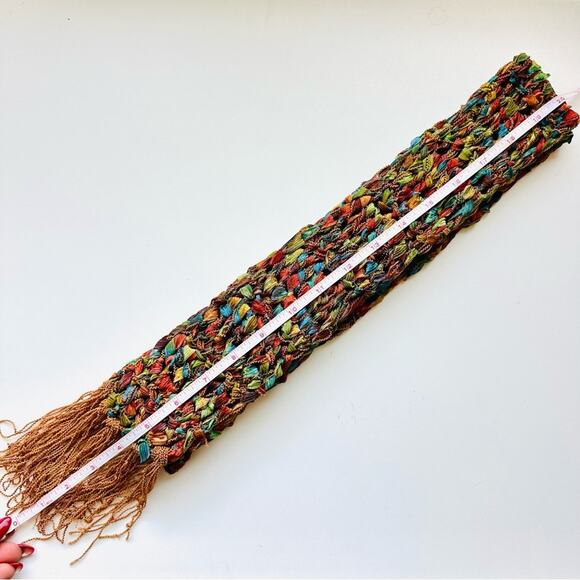 VINTAGE Gold Blue Tassel Texture Knit Yarn Multi Red Strand Scarf Cloth Bib Wrap